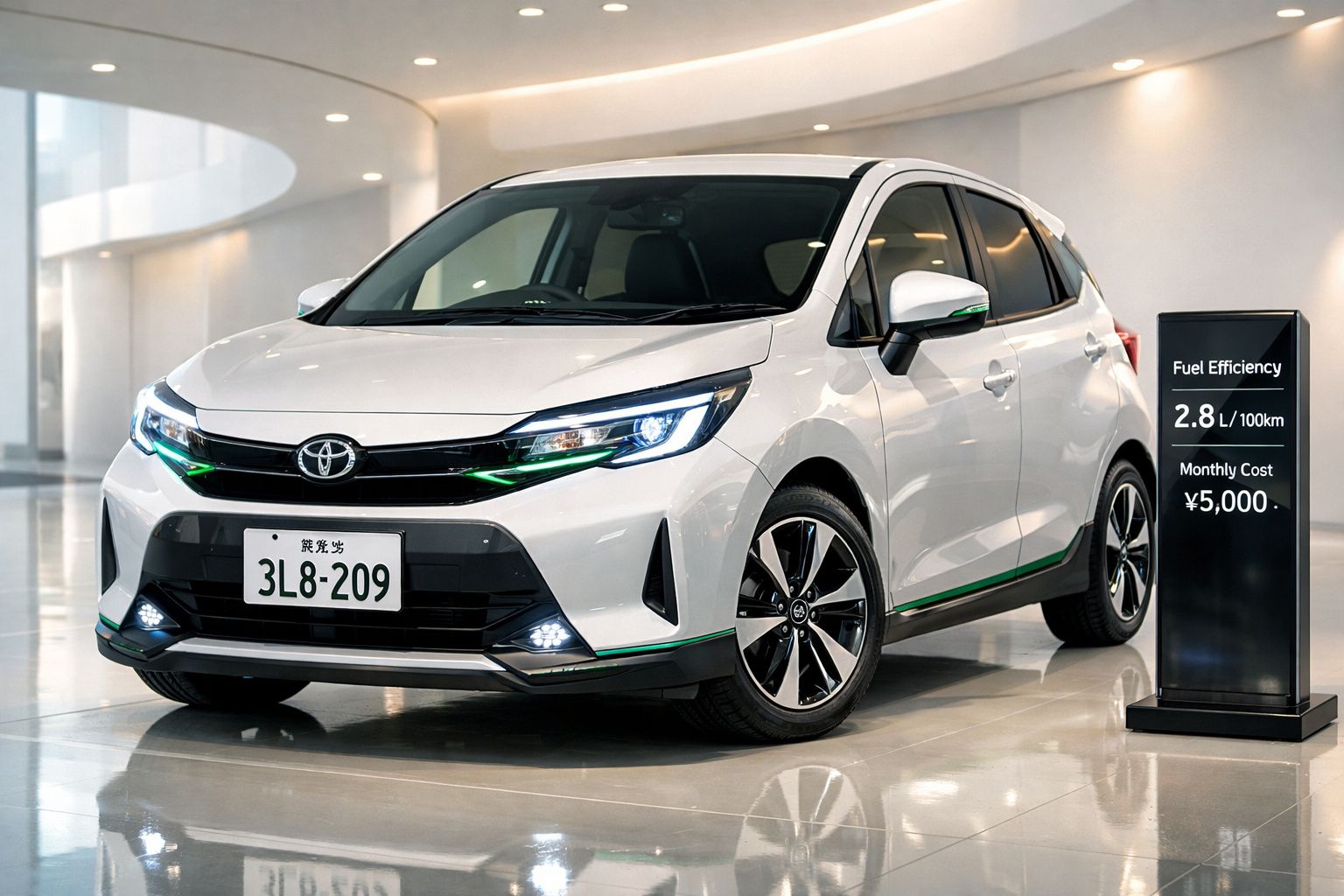 Carro Toyota branco moderno estacionado em interior com placa e painel de eficiência de combustível.