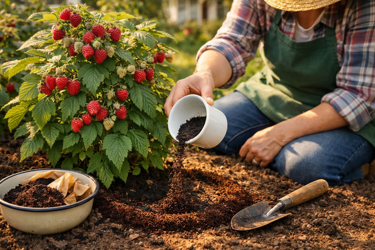 Pessoa a fertilizar solo junto a planta de amoras vermelhas num jardim ensolarado.