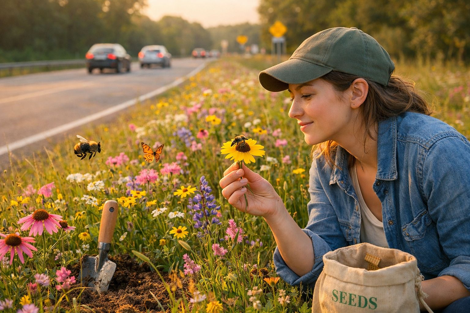 Mulher com boné observa flor amarela com abelha numa berma florida junto a estrada com carros ao fundo.