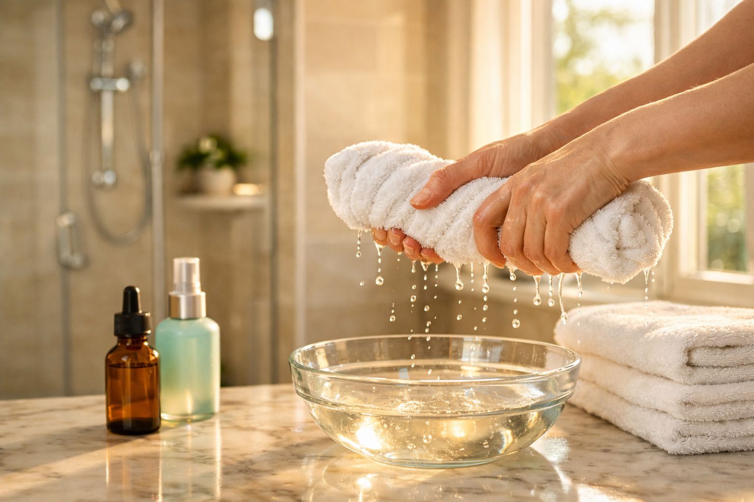 Mãos a torcer uma toalha branca molhada sobre uma bacia de vidro com água no banheiro.