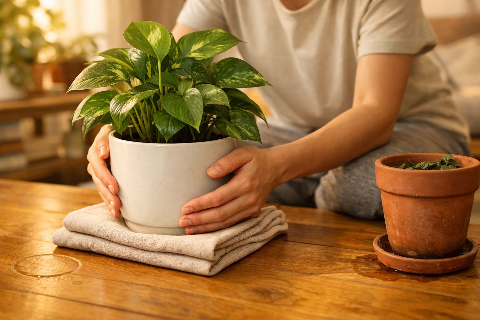 Pessoa a segurar vaso branco com planta verde em cima de toalha num suporte de madeira castanho.