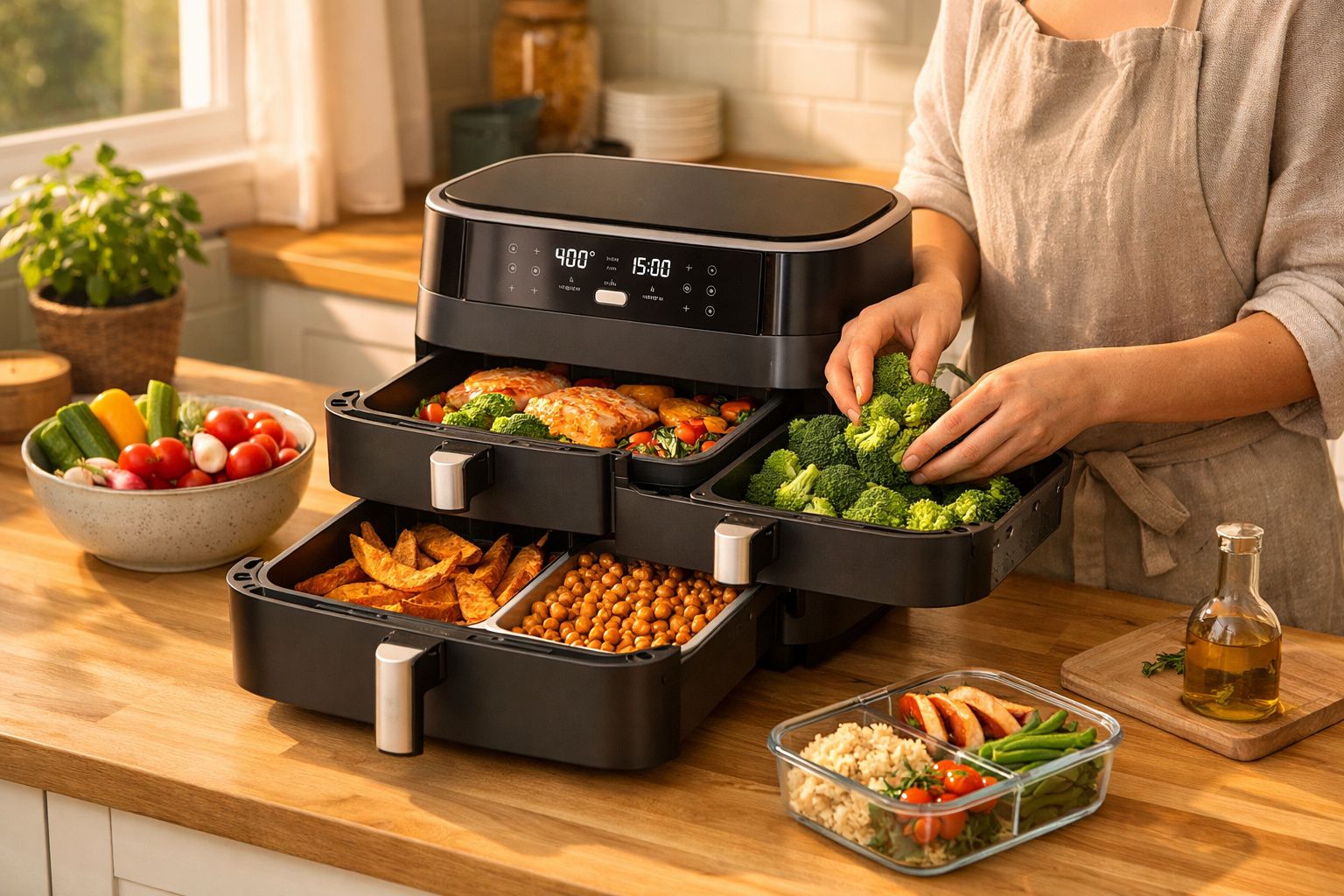 Máquina multifunções de cozinha com tabuleiros cheios de legumes e comida saudável numa bancada de madeira.