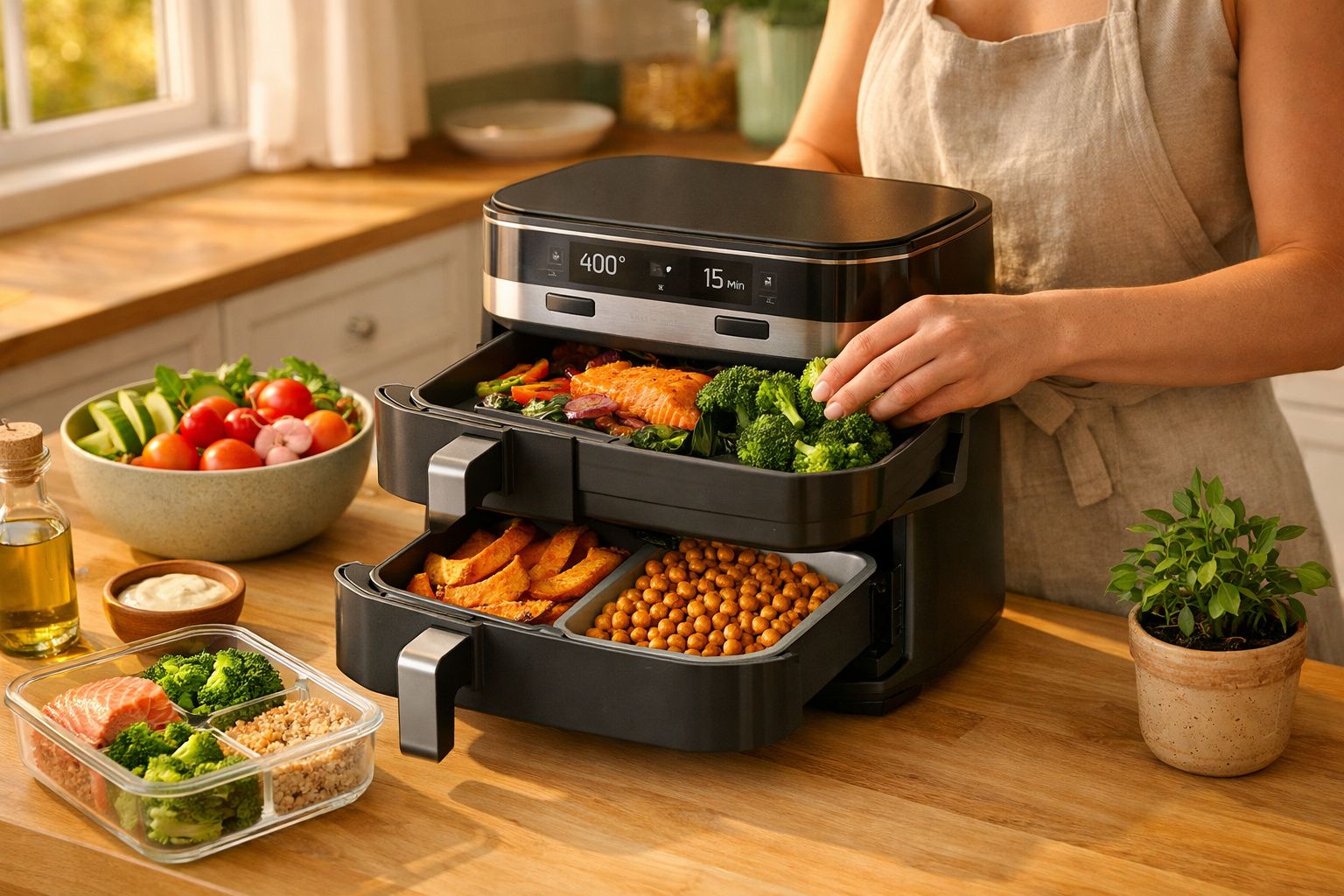 Máquina de cozinha multifunções com vegetais, grão-de-bico e peixe pronta a cozinhar numa cozinha iluminada.