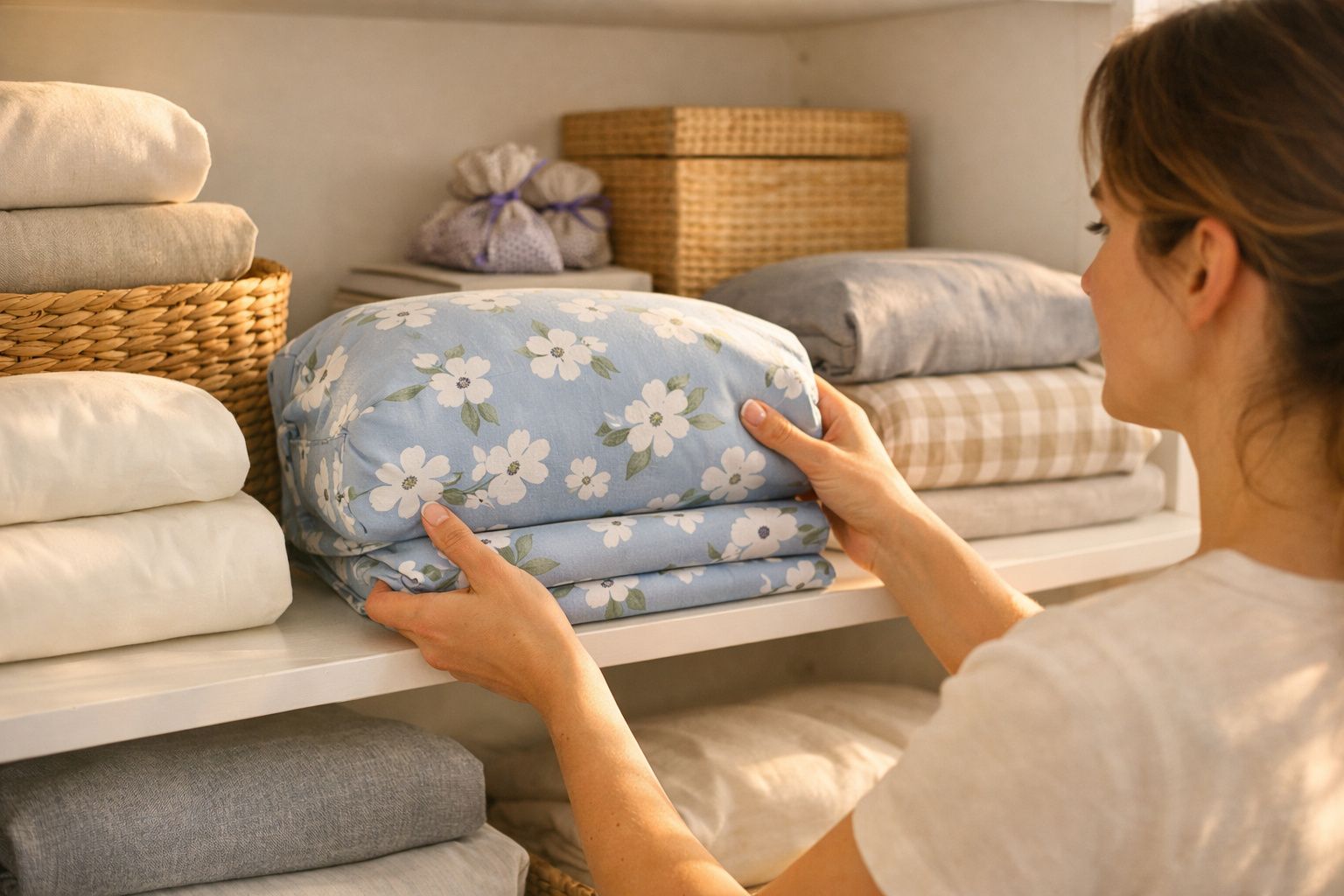 Mulher a organizar roupa de cama dobrada numa prateleira, com manta azul de flores em destaque.
