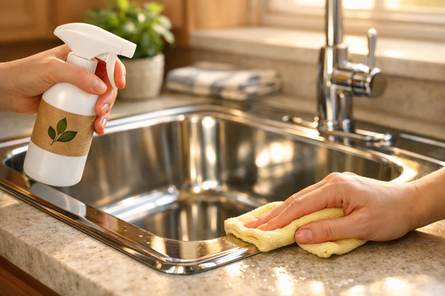 Mãos a limpar uma pia de cozinha em aço inoxidável com um pulverizador e um pano amarelo.