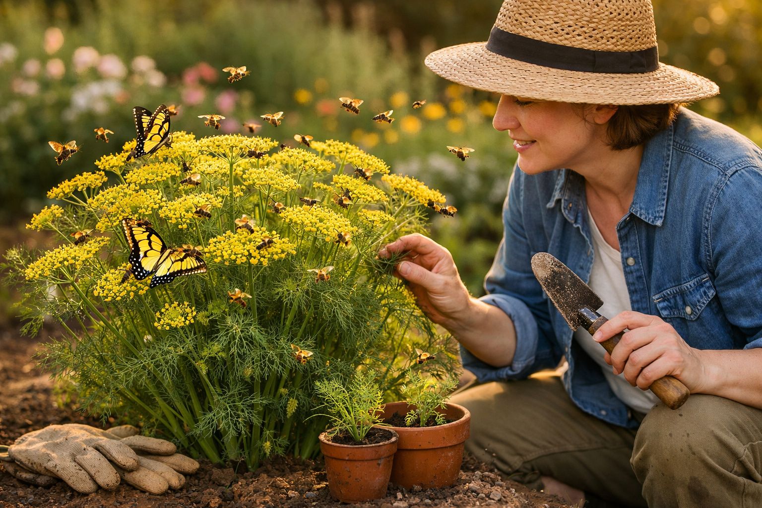 Mulher de chapéu a cuidar de plantas floridas amarelas com borboletas num jardim.