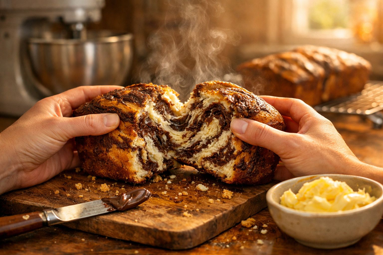 Pão doce quente com chocolate a ser partido ao meio, com manteiga e faca com chocolate numa tábua de madeira.