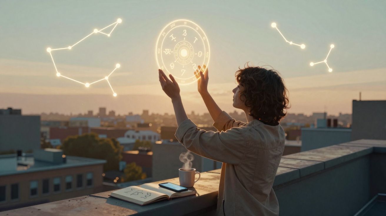 Pessoa em terraço ao pôr do sol interage com símbolos astrológicos luminosos flutuantes no céu.