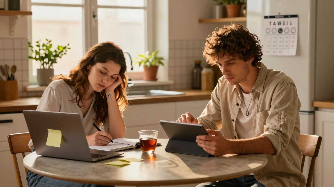 Dois jovens adultos a trabalhar numa mesa de cozinha com computador portátil, tablet e caderno.