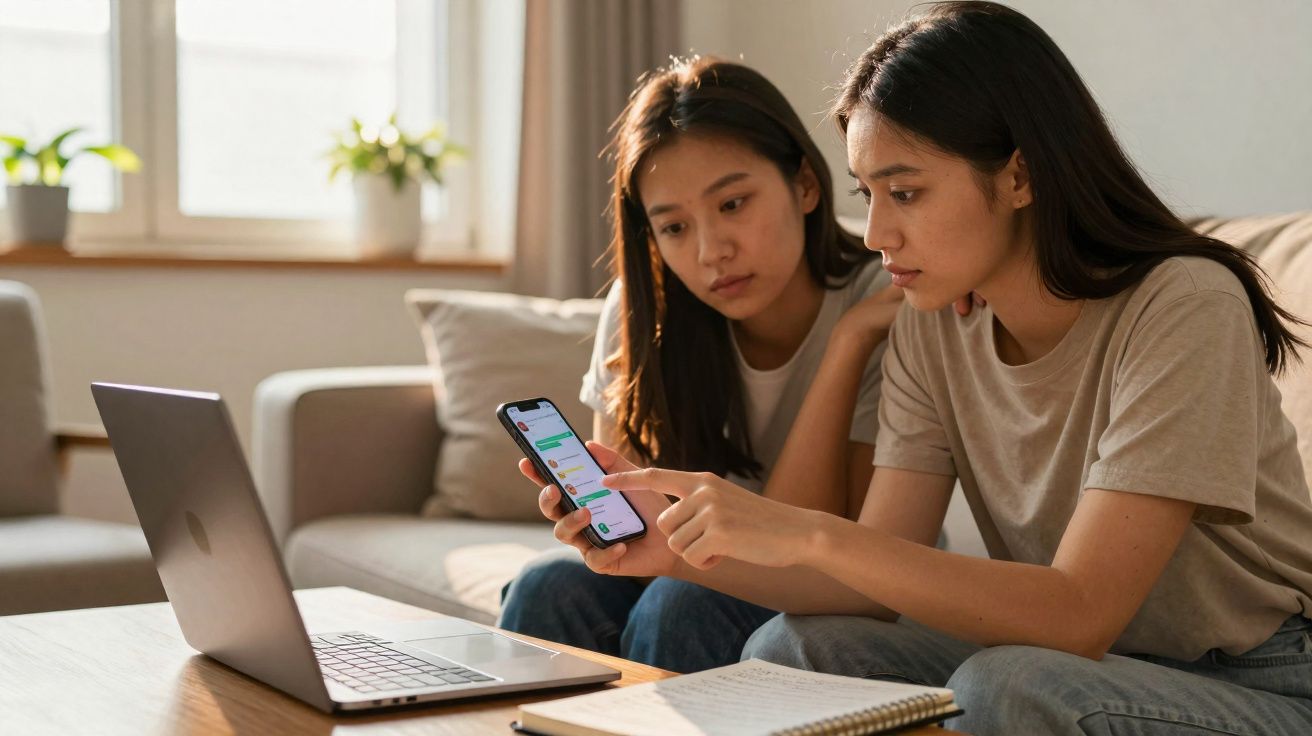 Duas mulheres a analisar mensagens num telemóvel, sentadas junto a um computador portátil numa sala iluminada.