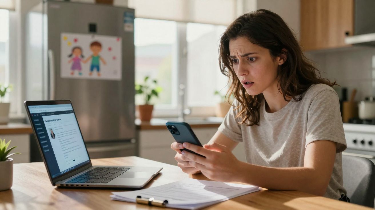 Mulher com expressão preocupada a olhar para o telemóvel, sentada à mesa com portátil e documentos numa cozinha.
