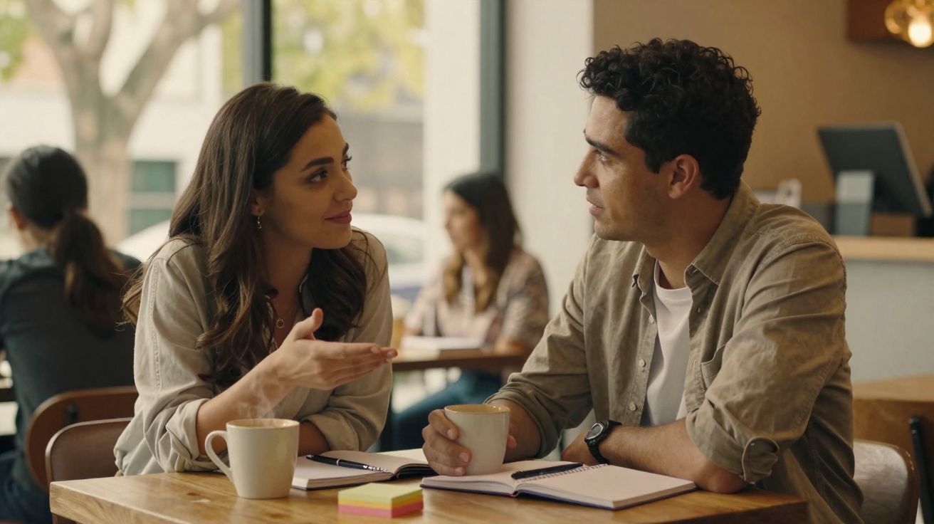 Casal conversa animadamente numa cafetaria, ambos com café e cadernos sobre a mesa.