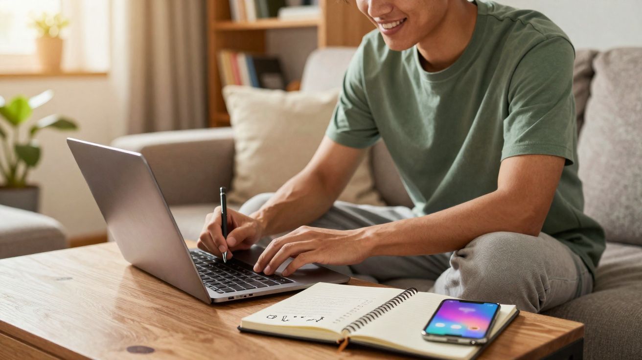Pessoa a sorrir a escrever num caderno e usar um portátil sentada num sofá, com telemóvel em cima da mesa de madeira.