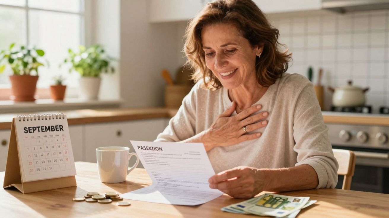 Mulher sorridente lê documento sentada à mesa com calendário, moedas, dinheiro e caneca na cozinha.