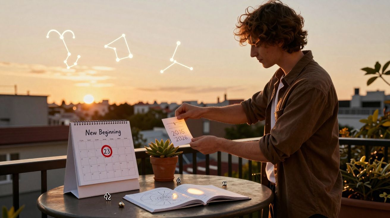 Jovem numa varanda ao pôr do sol, com calendário, planta e livro aberto sobre astrologia na mesa.