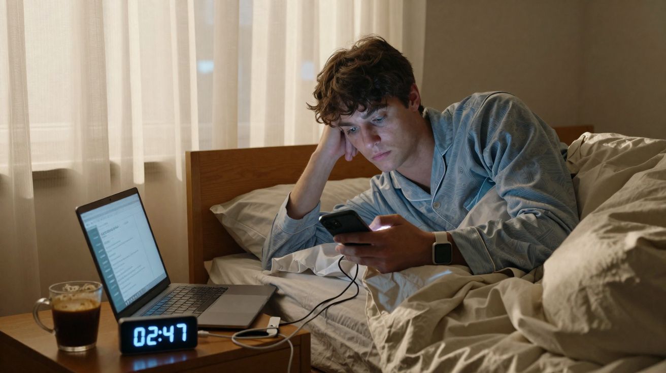 Jovem de pijama na cama a olhar para o telemóvel com laptop, café e relógio digital ao lado, noite madrugada.