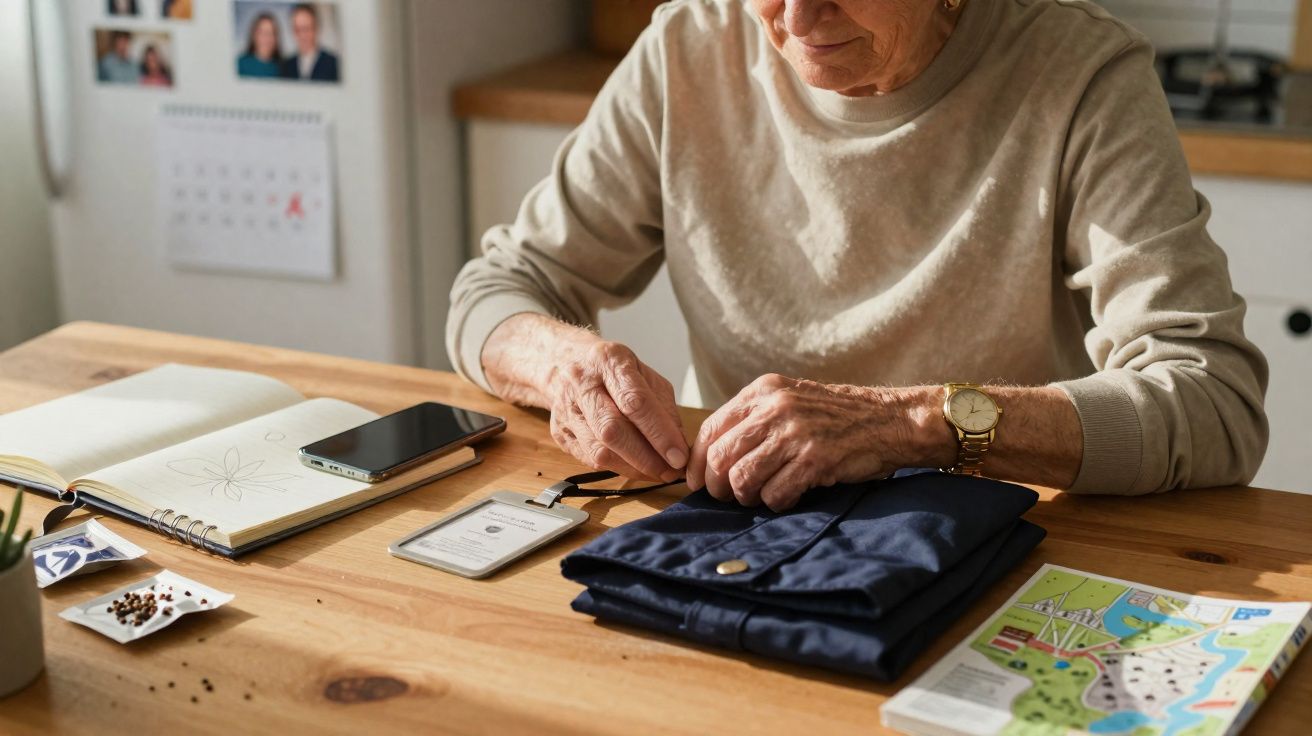 Pessoa idosa a preparar saco azul com cadernos, smartphone e mapa numa mesa de madeira na cozinha.
