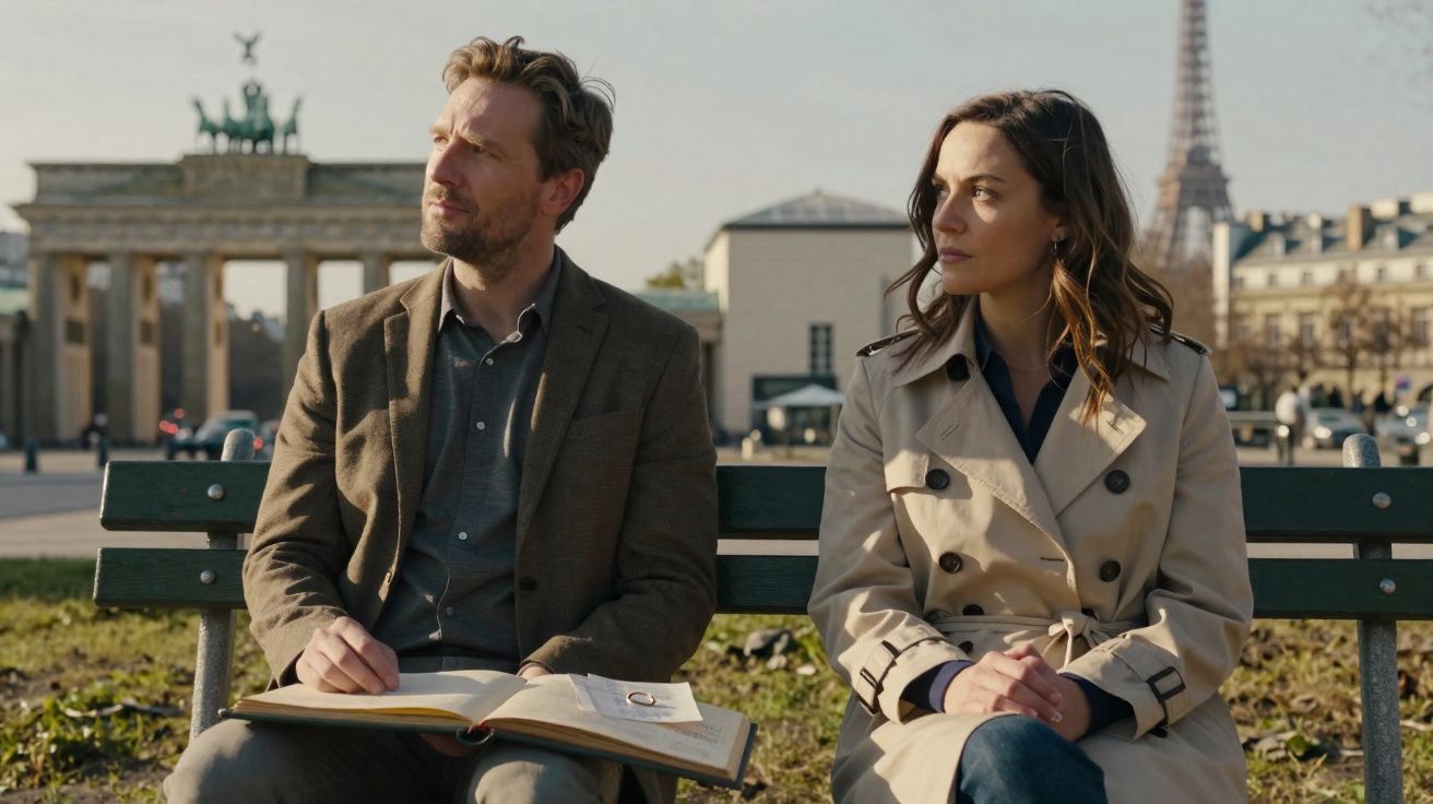 Homem e mulher sentados em banco com Torre Eiffel e Porta de Brandemburgo ao fundo.