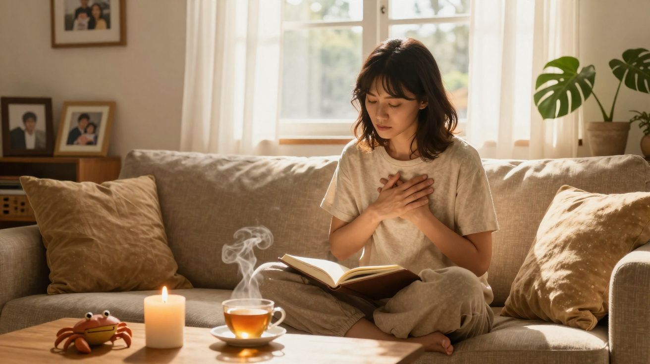 Mulher sentada no sofá com as mãos no peito lendo livro, chá quente e vela acesa na mesa à frente.