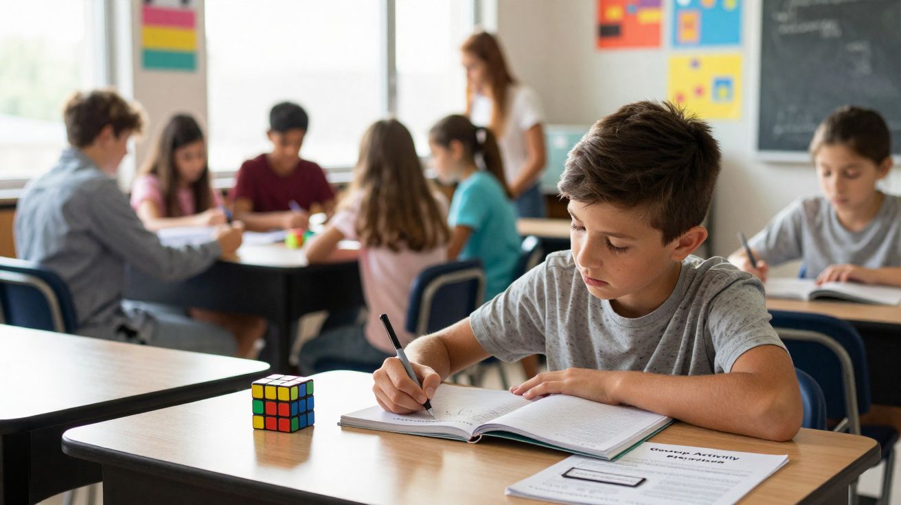 Criança concentrada a escrever num caderno numa sala de aula com colegas e professora ao fundo.