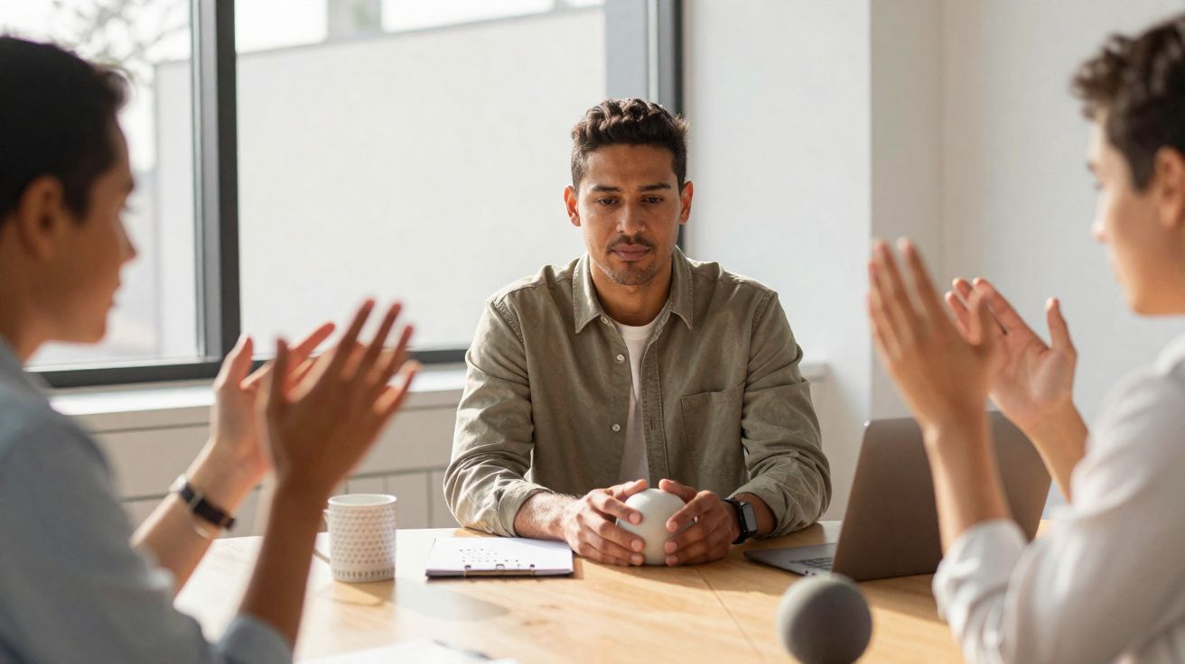 Homem sentado numa mesa durante entrevista, enquanto outras duas pessoas o aplaudem numa sala de escritório.