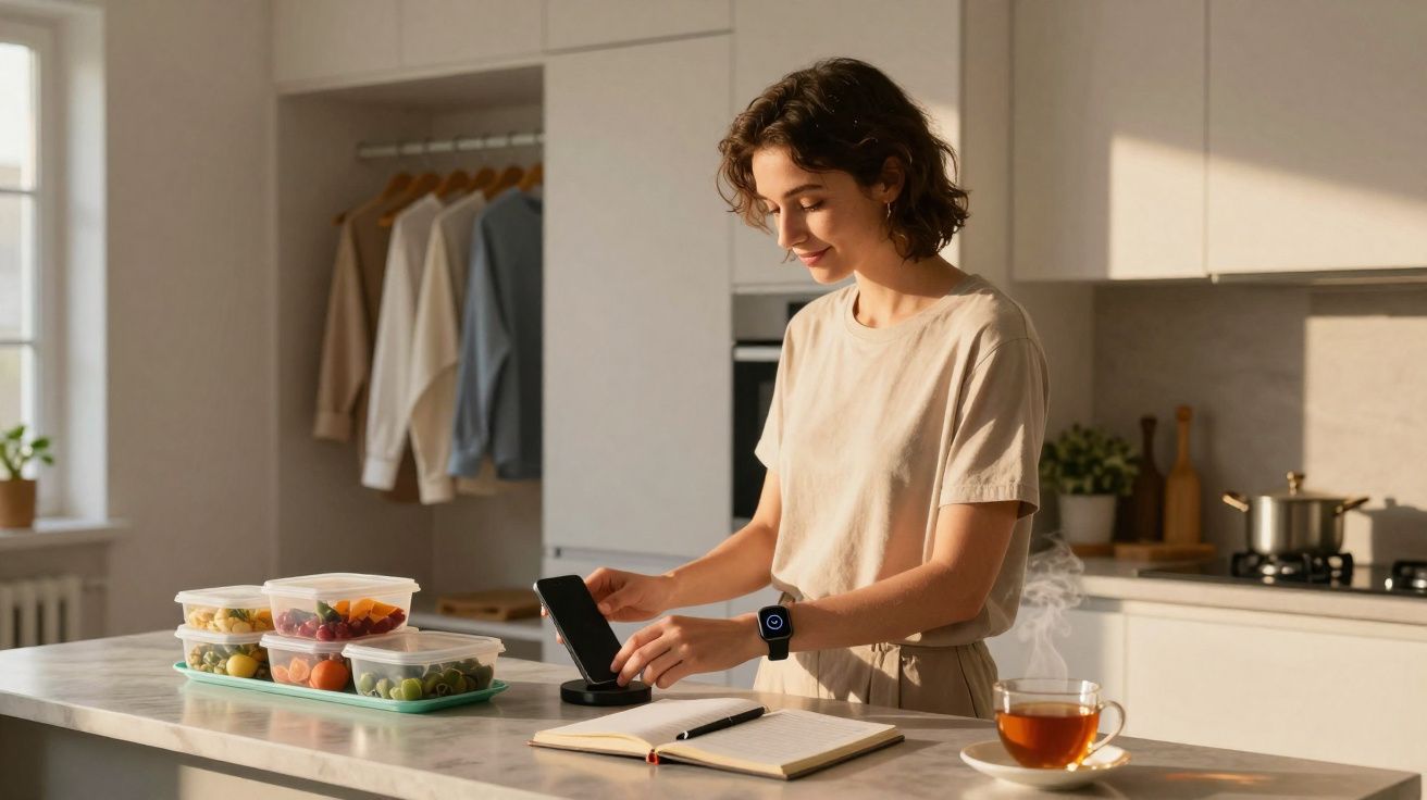 Mulher na cozinha a carregar o telemóvel num suporte, com lancheiras e chá numa bancada clara.