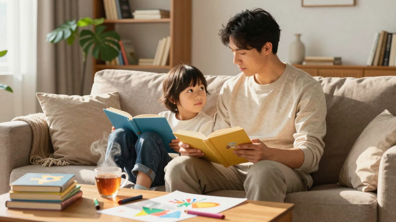 Pai e filho sentados no sofá a ler livros, com chá e desenhos na mesa à frente.