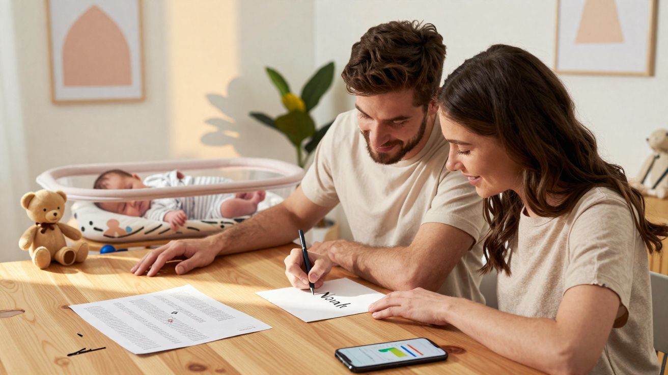 Casal feliz a assinar documentos numa mesa com bebé a dormir ao fundo num moisés.