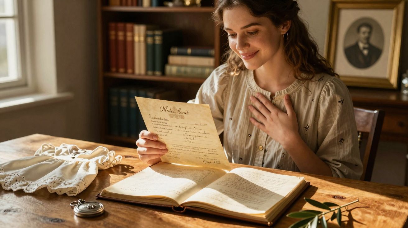 Mulher jovem a ler uma carta emocionada sentada à mesa com um livro aberto à sua frente numa biblioteca.