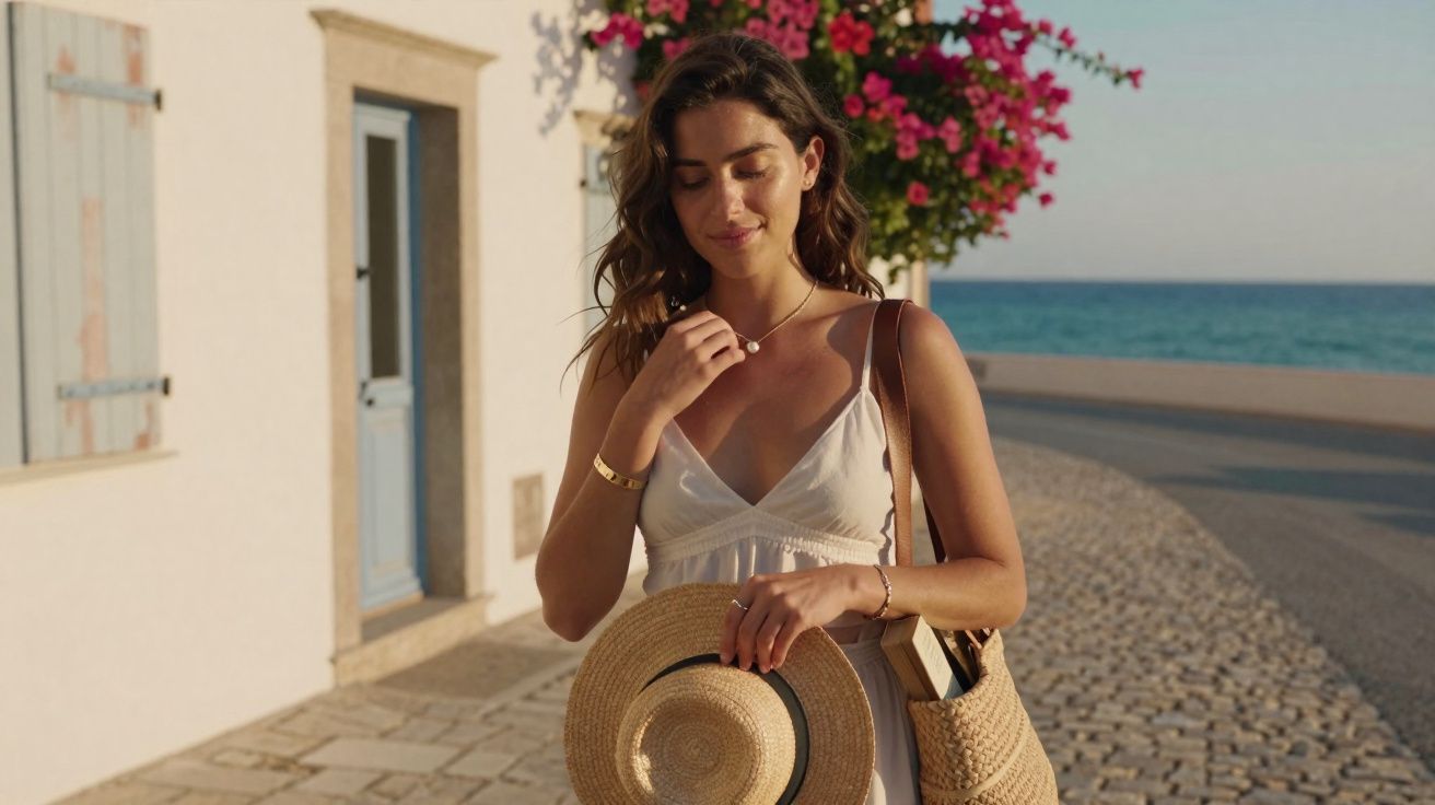 Mulher de vestido branco segurando chapéu de palha, junto ao mar e flores cor-de-rosa ao fundo.