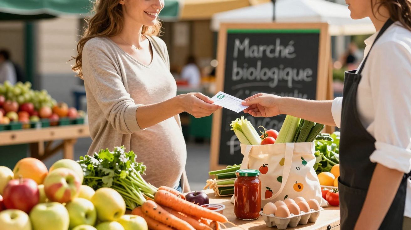 Mulher grávida compra legumes frescos em mercado biológico ao ar livre.