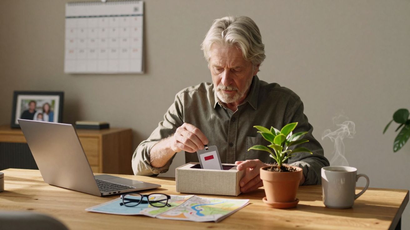 Homem sénior a guardar fotografias numa caixa, sentado à mesa com portátil, planta e chá fumegante.