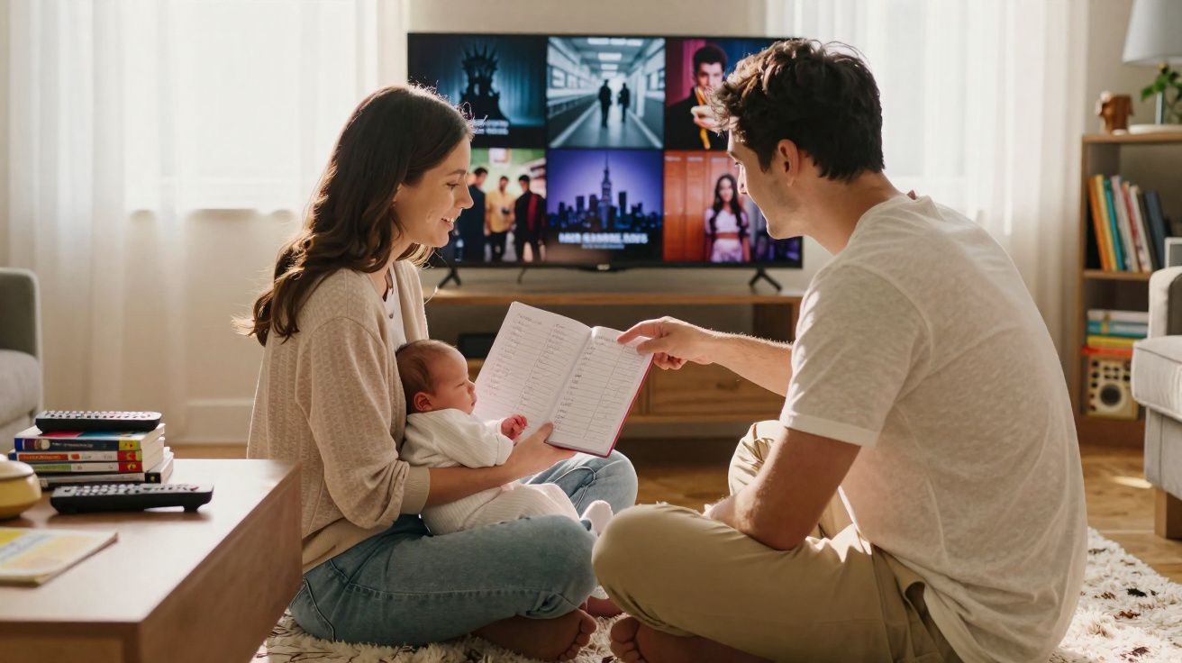 Casal sentado no chão da sala lê livro para o bebé com televisão ligada ao fundo.