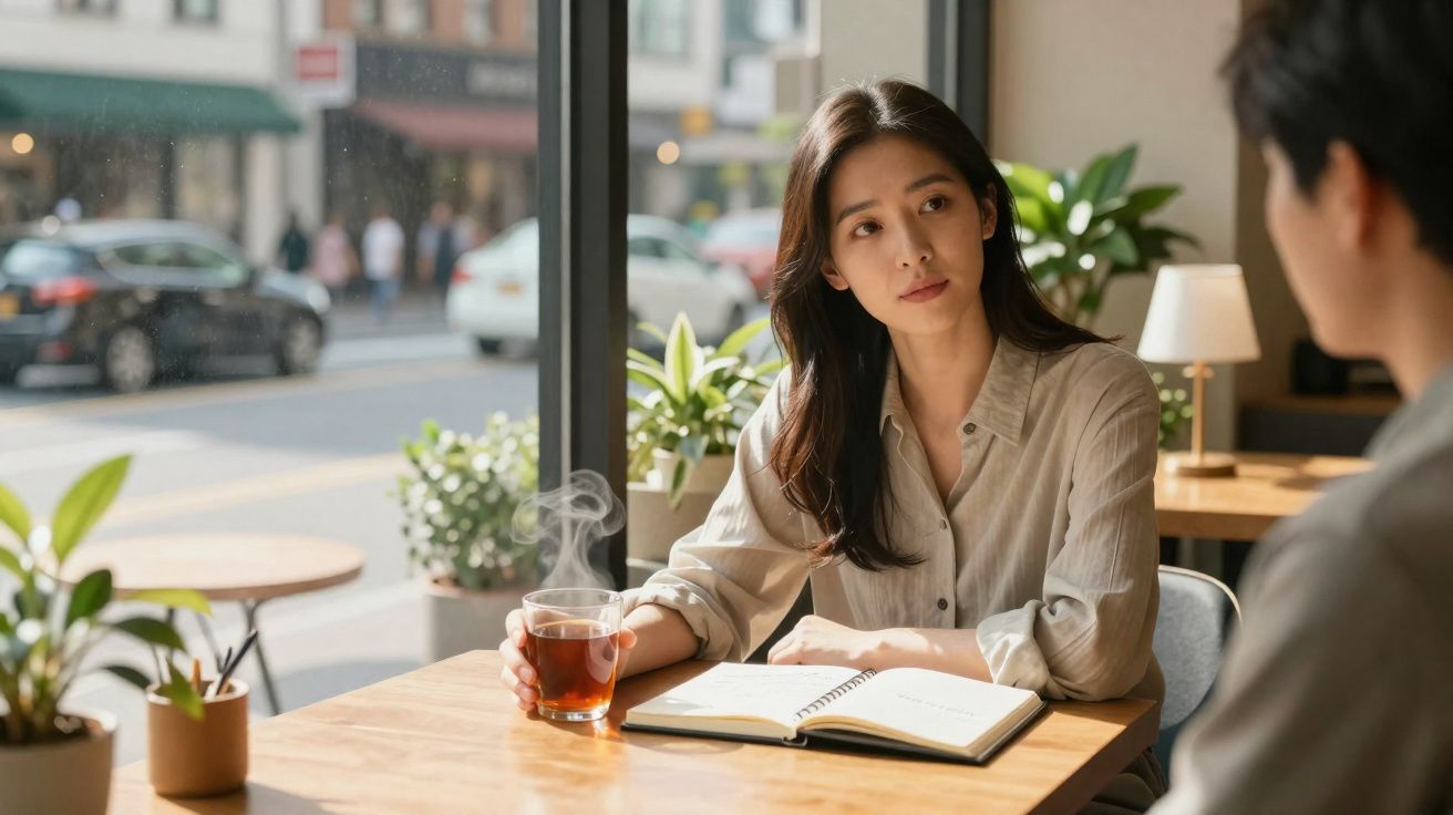 Mulher com chá quente sentada numa cafeteria, a olhar para homem enquanto lê um caderno aberto.