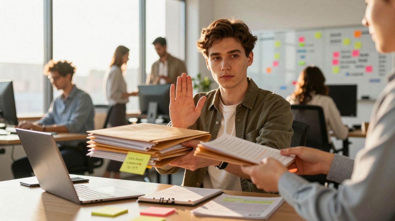 Jovem recusa-se a receber mais documentos, segurando vários arquivos no escritório moderno com colegas ao fundo.