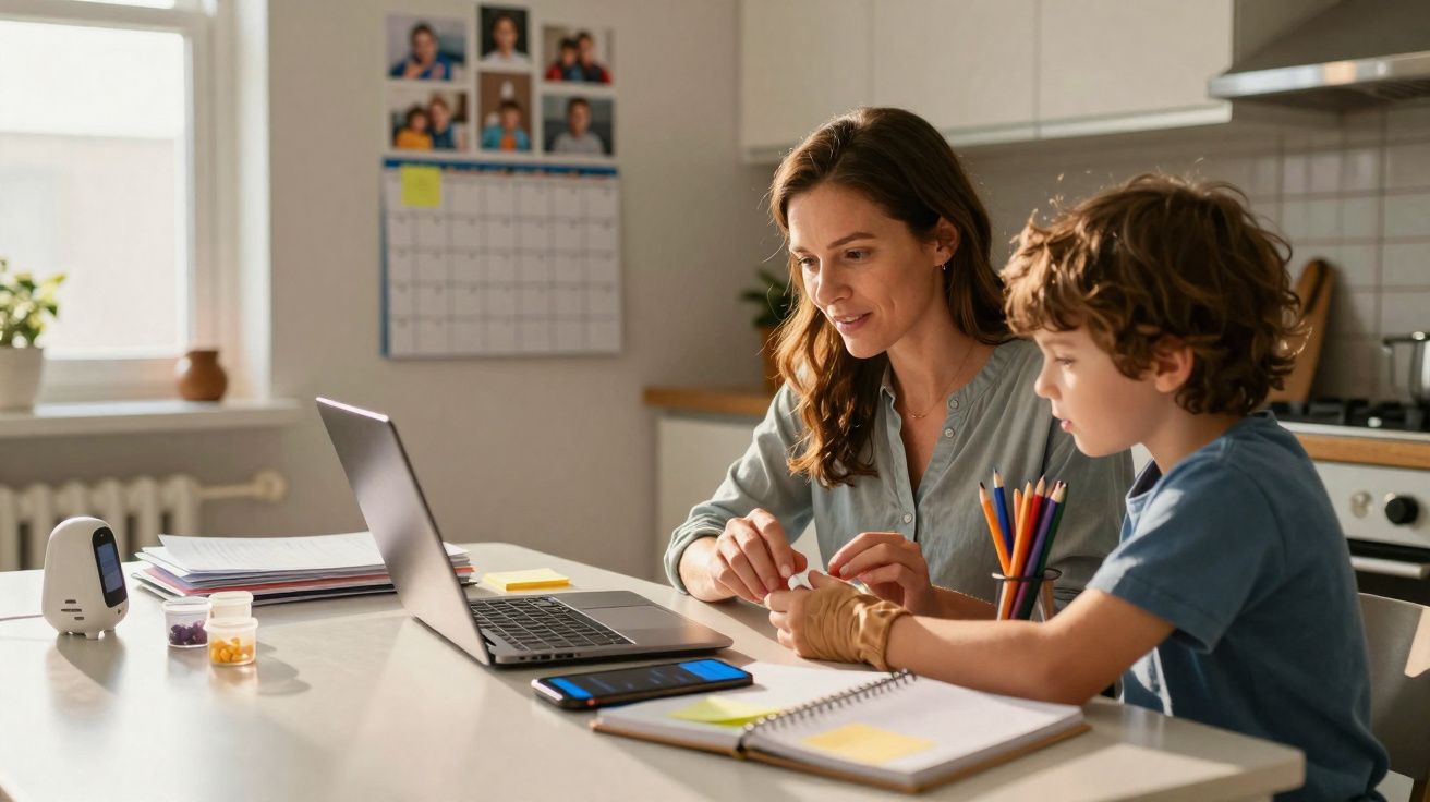 Mulher e criança sentados numa mesa a trabalhar num computador portátil numa cozinha iluminada.