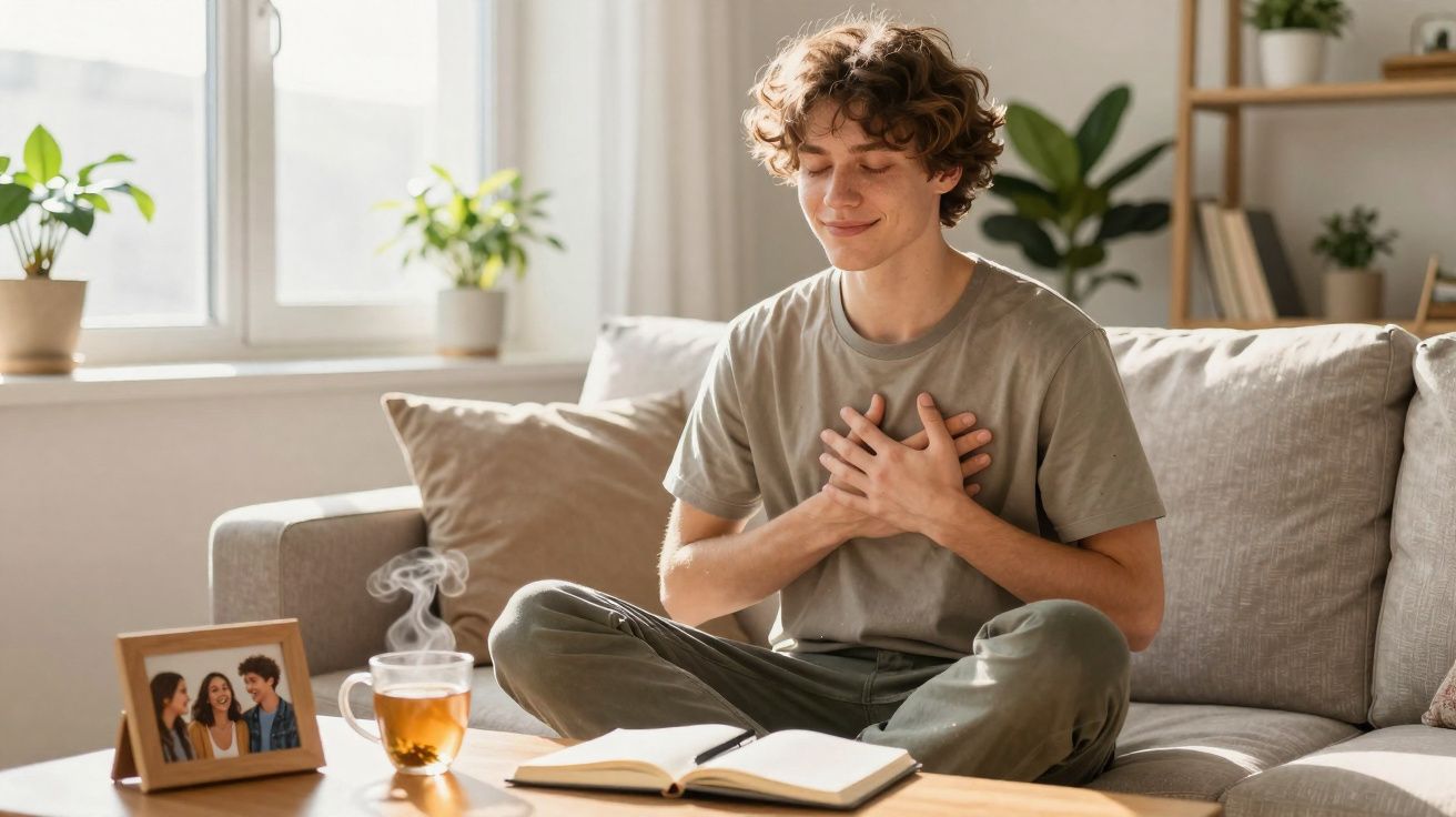 Jovem sentado no sofá com as mãos no peito em momento de gratidão, com chá e foto na mesa à frente.