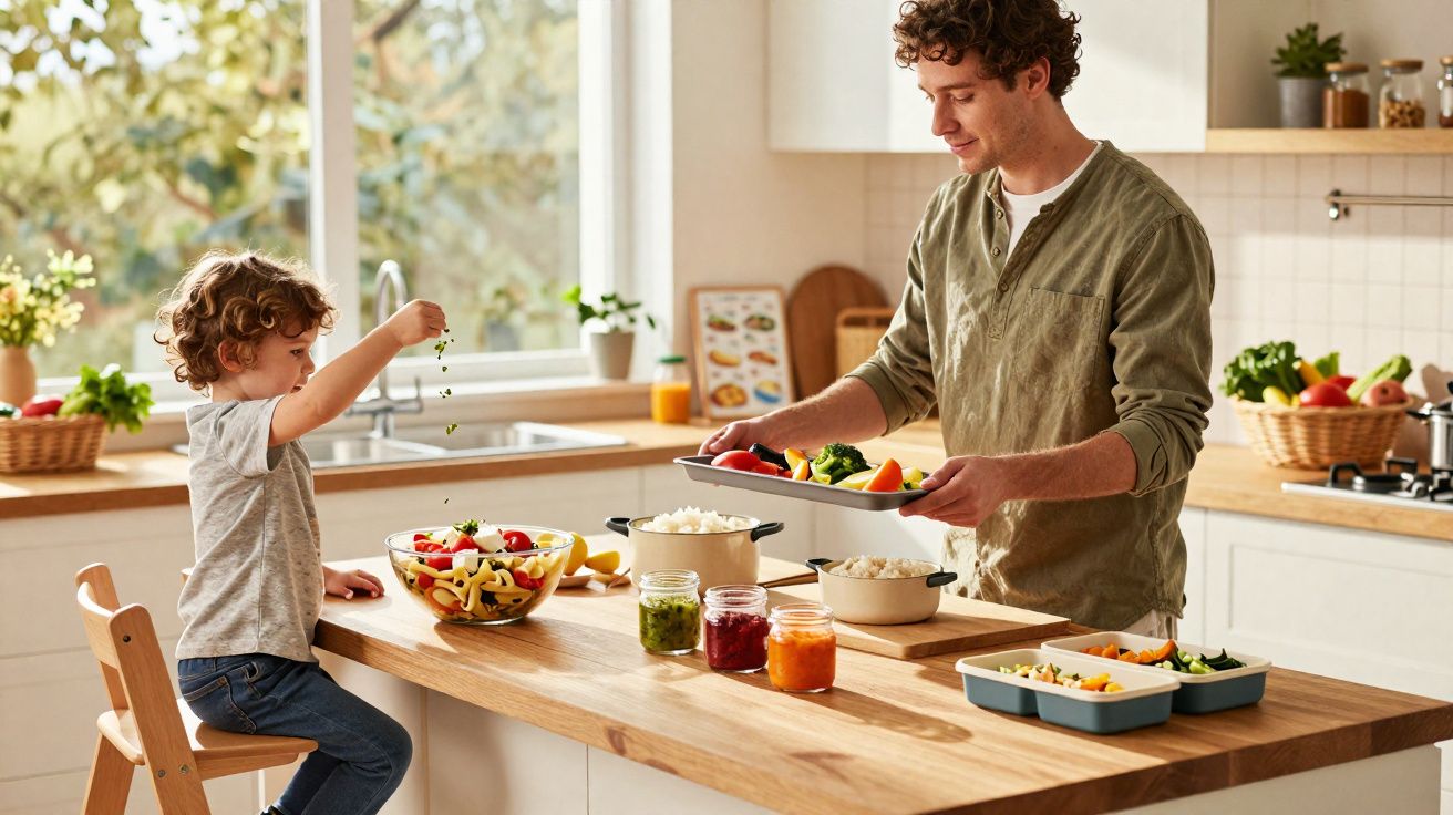 Criança e adulto a preparar e temperar salada numa cozinha luminosa e moderna.