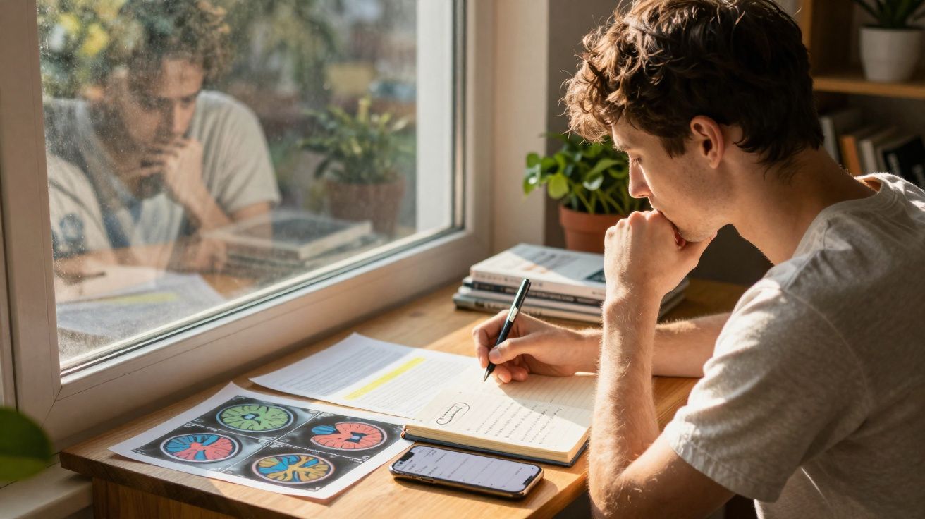 Jovem a estudar sentado junto a uma janela, com cadernos, imagens cerebrais e um telemóvel na mesa.
