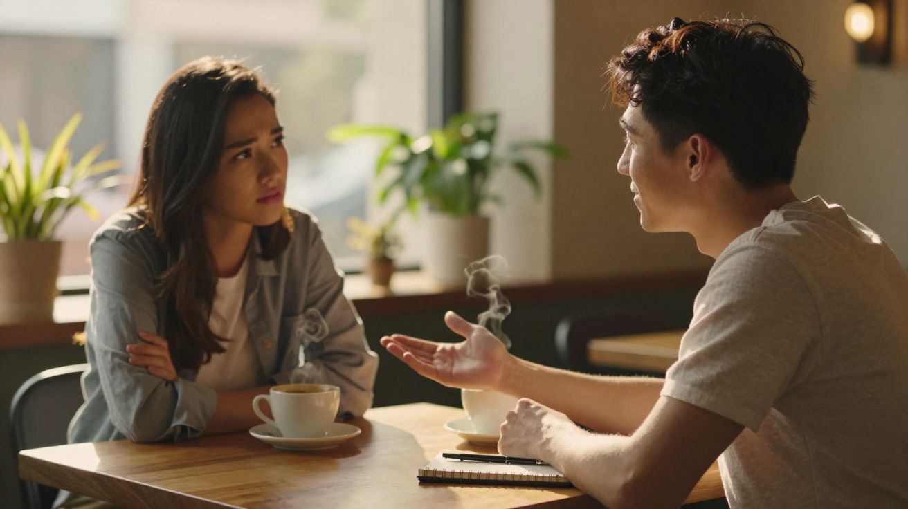 Duas pessoas sentadas numa mesa de café a conversar, com chávena de café e bloco de notas à frente.