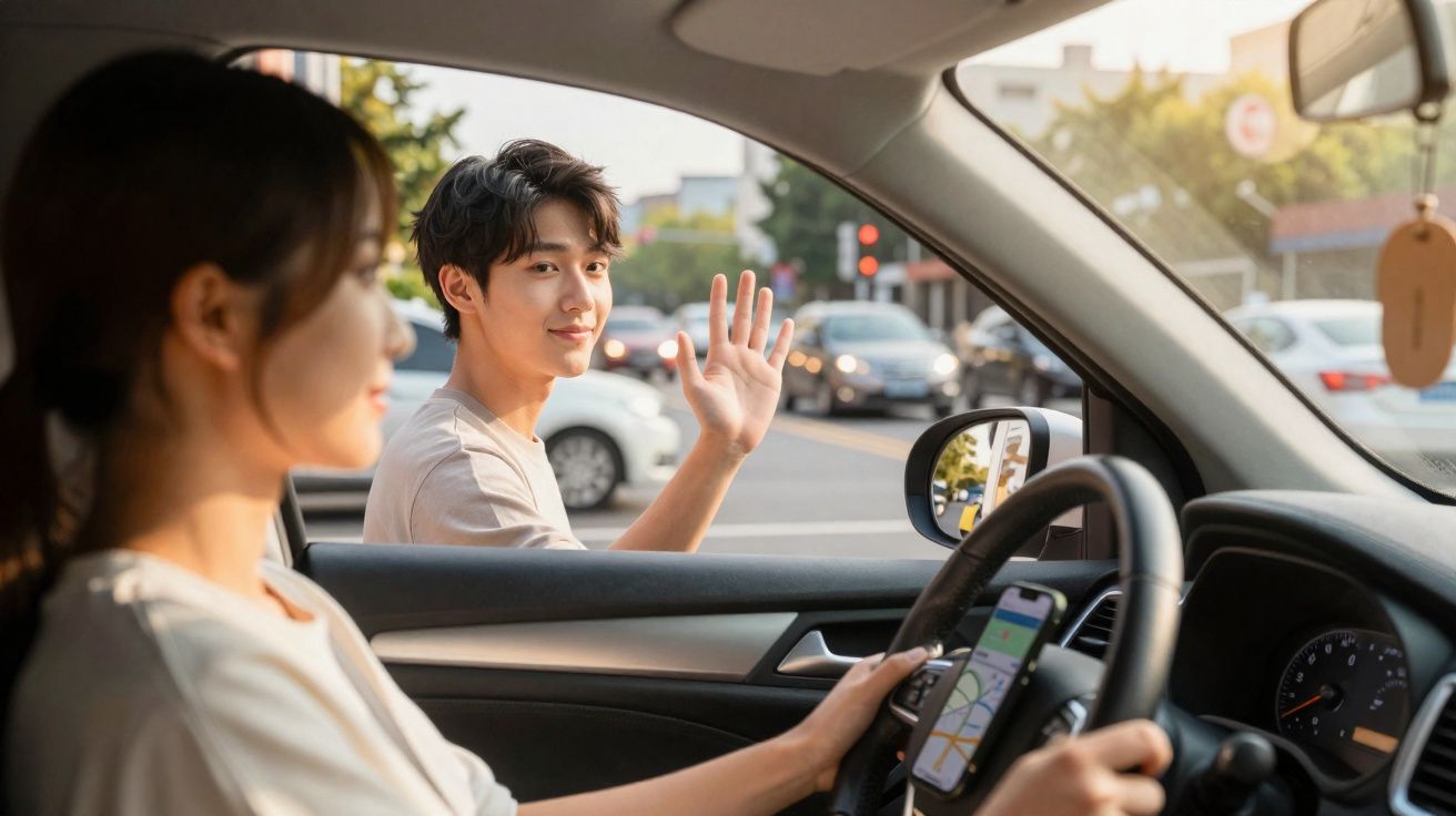 Homem a acenar para mulher ao volante de um carro num cruzamento urbano movimentado.