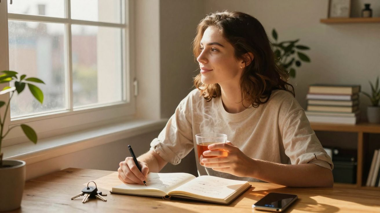 Mulher a escrever num caderno e a beber chá quente, sentada numa mesa junto a uma janela luminosa.