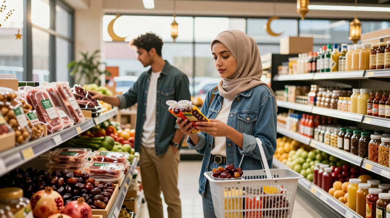Mulher com hijab e cesto a escolher produtos com homem ao fundo numa mercearia luminosa.