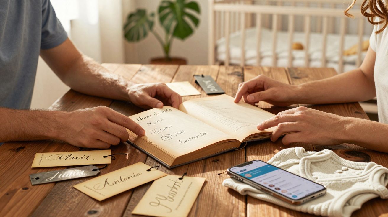 Duas pessoas a planear nomes de bebé e idades em livro, com etiquetas e telemóvel numa mesa de madeira.