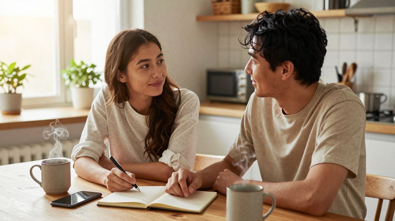 Casal jovem sentado à mesa na cozinha, a conversar e fazer anotações num caderno.
