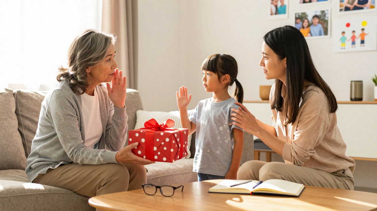 Avó entrega presente a neta que acena com a mão, mãe observa sorridente num sofá em sala iluminada.