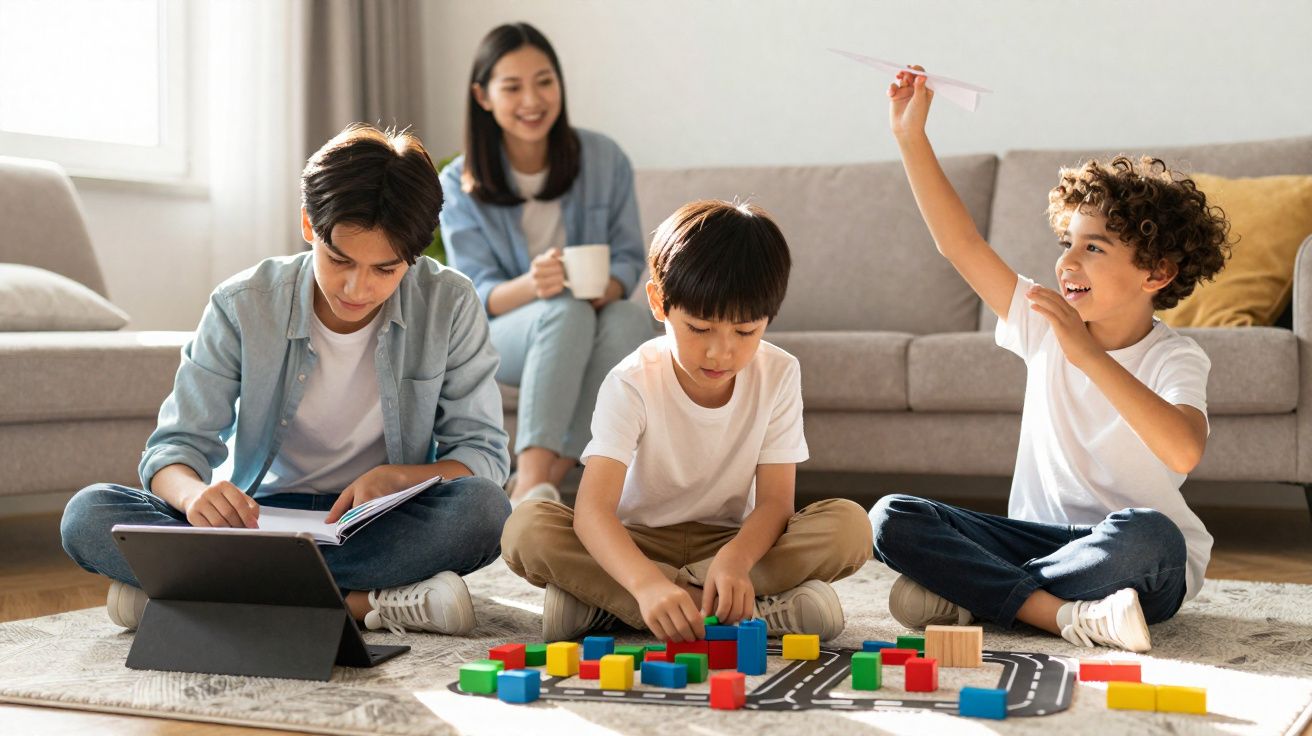 Crianças a brincar com blocos e avião de papel, mulher sorridente a observar sentada no sofá.