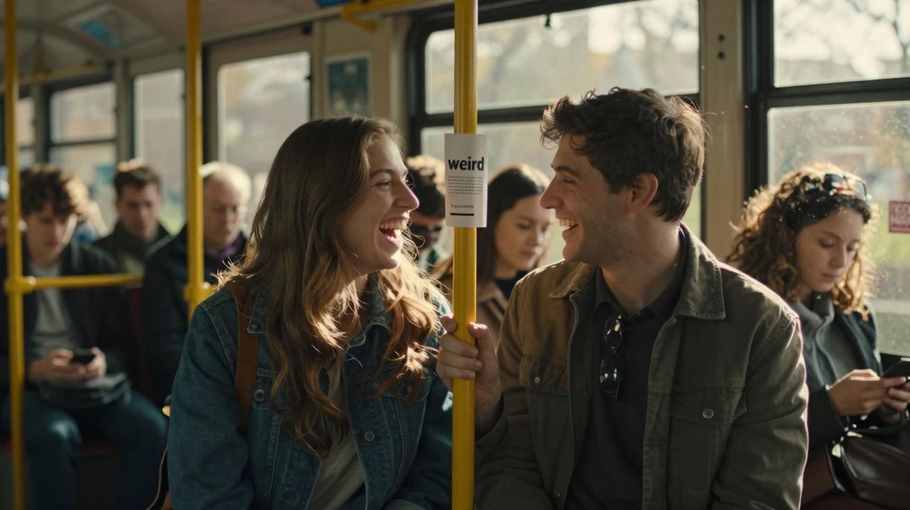 Jovem casal sorridente a conversar num autocarro, com outras pessoas sentadas ao fundo.
