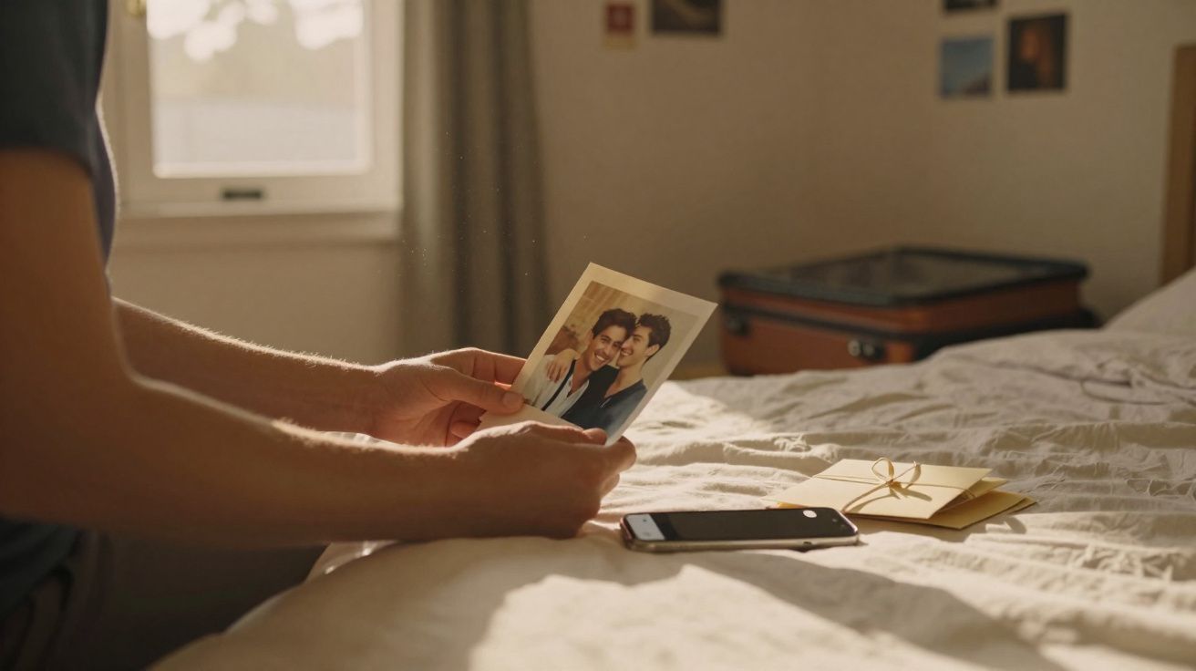 Pessoa a segurar uma fotografia de casal numa cama com telemóvel e envelopes à vista, em ambiente acolhedor.