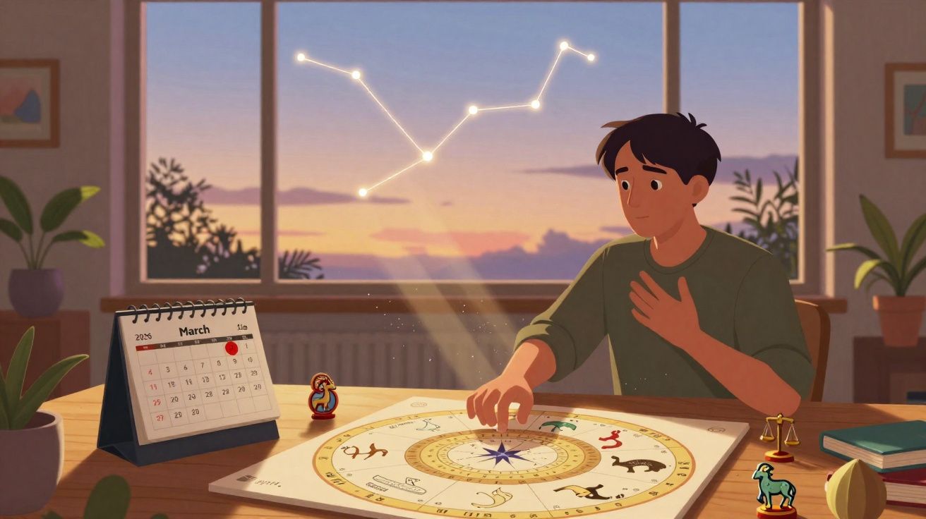 Pessoa a estudar signos do zodíaco num mapa astral, com constelação visível na janela ao pôr do sol.